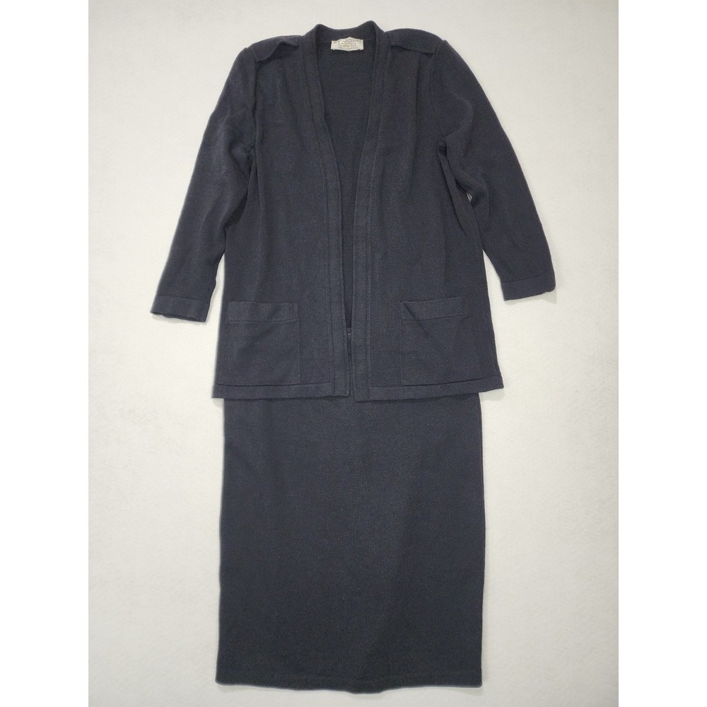 St. John Basics Cardigan & Skirt Set Womens Large Black Tight Knit Warm Winter